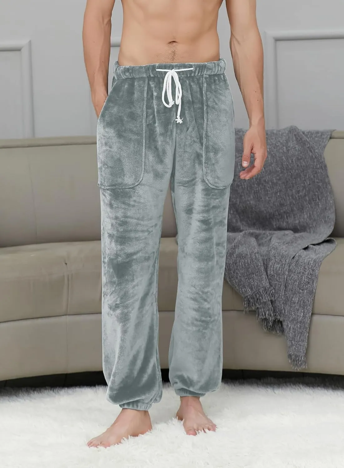 Cromoncent Mens Plush Warm Lounge Pj Pants Thickened Fleece Pajama Jogger Pants with Pockets Sleepwear