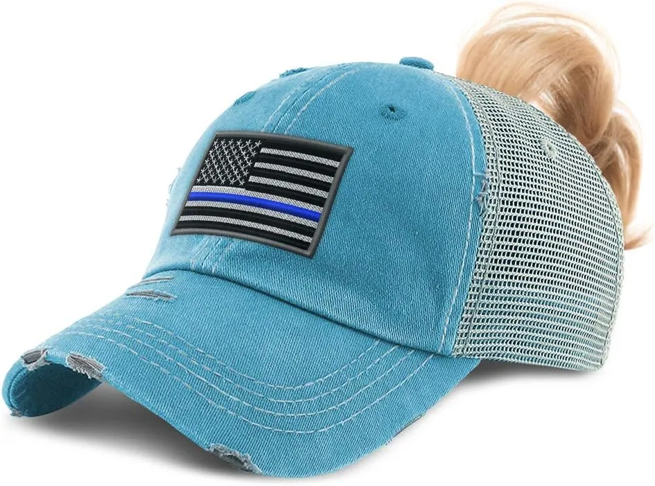 Custom Womens Ponytail Cap American Flag Thin Blue Line Embroidery Cotton