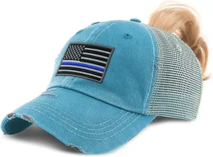 Custom Womens Ponytail Cap American Flag Thin Blue Line Embroidery Cotton