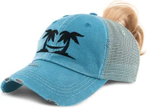 Custom Womens Ponytail Cap Black Palm Trees and Hammock Embroidery Cotton