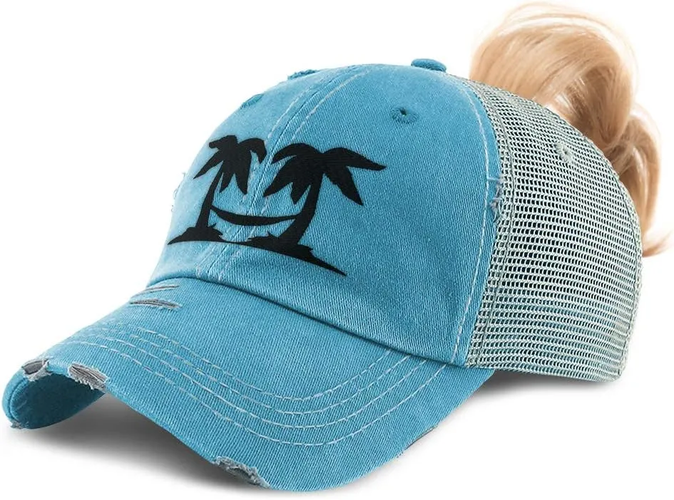Custom Womens Ponytail Cap Black Palm Trees and Hammock Embroidery Cotton