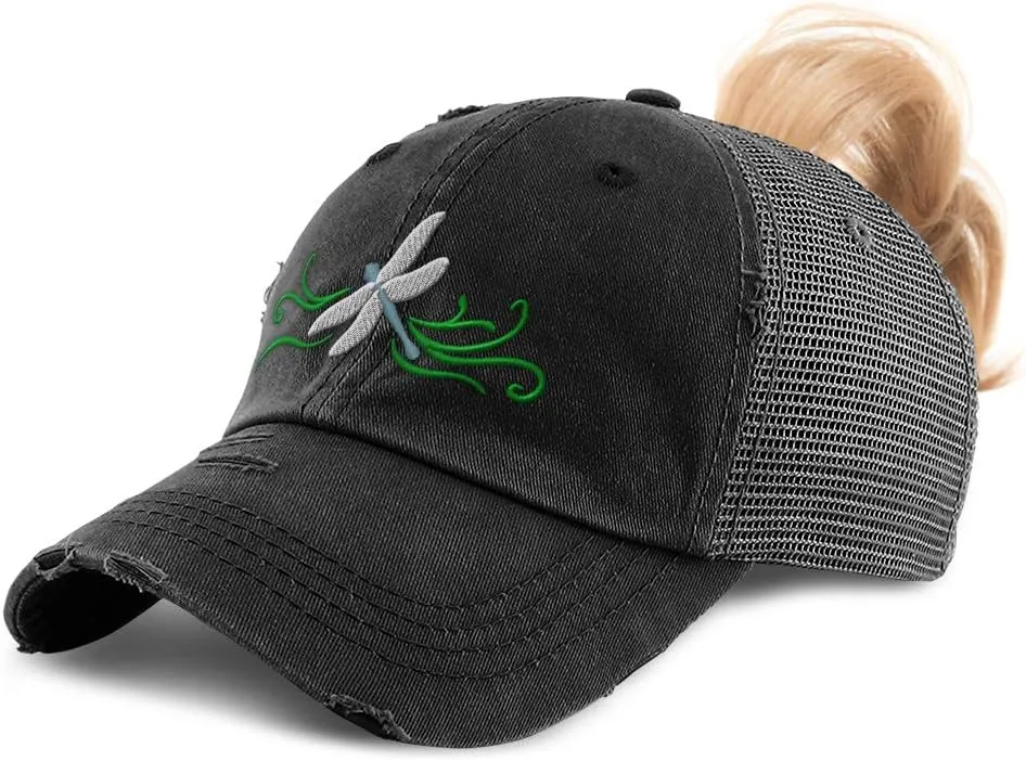 Custom Womens Ponytail Cap Dragonfly Embroidery Cotton Distressed Trucker Hats