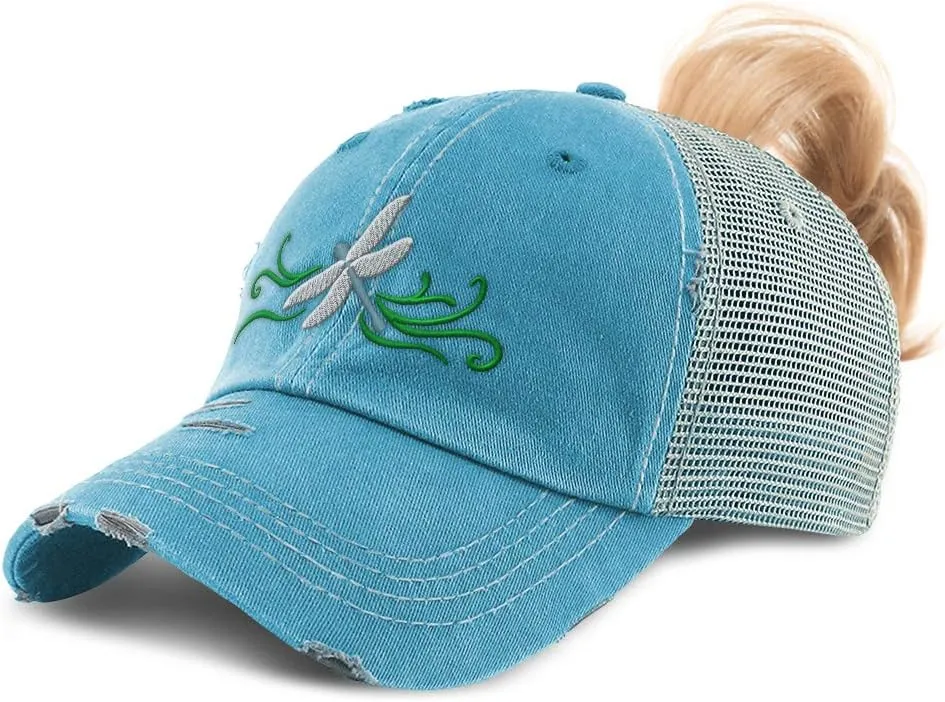 Custom Womens Ponytail Cap Dragonfly Embroidery Cotton Distressed Trucker Hats