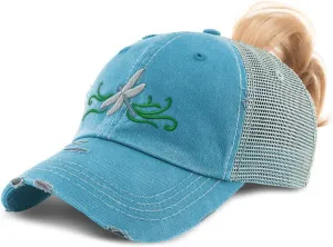 Custom Womens Ponytail Cap Dragonfly Embroidery Cotton Distressed Trucker Hats