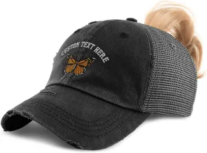 Custom Womens Ponytail Cap Monarch Butterfly Embroidery Cotton Strap Closure