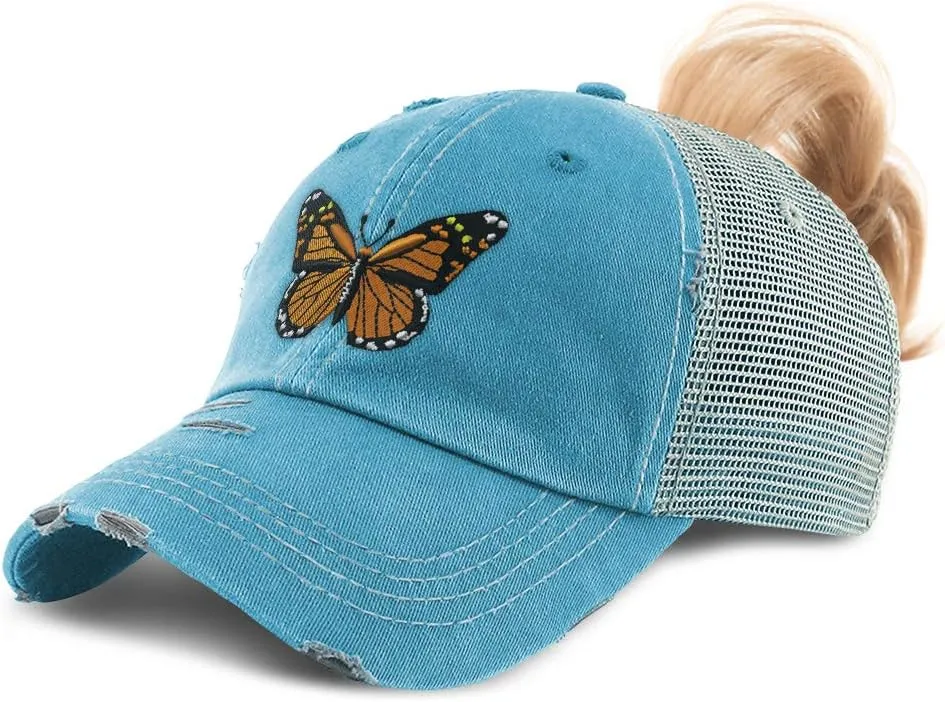 Custom Womens Ponytail Cap Monarch Butterfly Embroidery Cotton Strap Closure