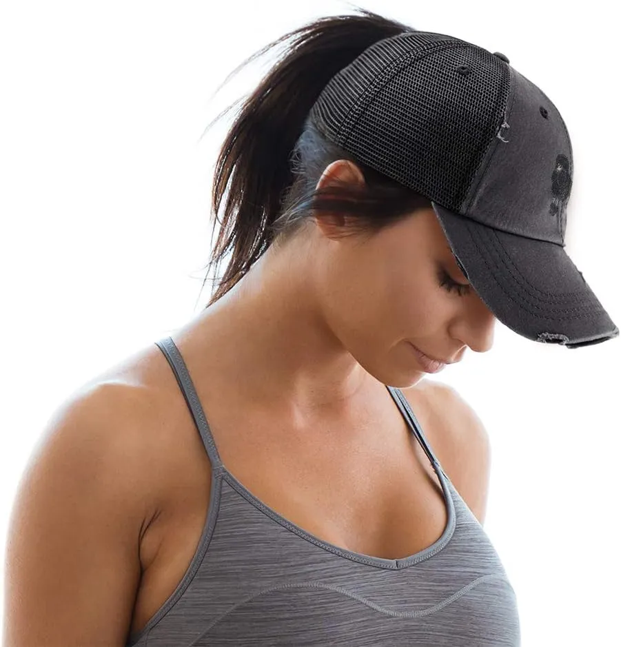 Custom Womens Ponytail Cap Poodle Black Embroidery Cotton Strap Closure