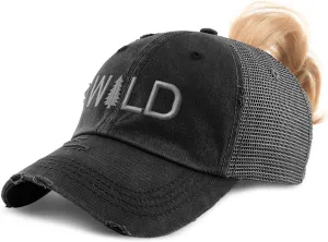Custom Womens Ponytail Cap Wild Word with Pine Tree C Embroidery Cotton