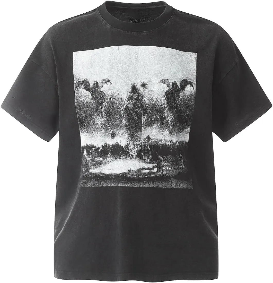DONCARE Faith Creative Printed Vintage Western Washed Round Neck Pullover Short Sleeve Unisex T-Shirt Black