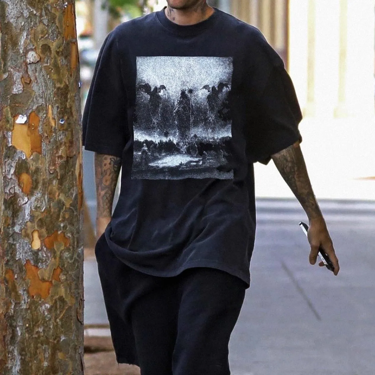 DONCARE Faith Creative Printed Vintage Western Washed Round Neck Pullover Short Sleeve Unisex T-Shirt Black