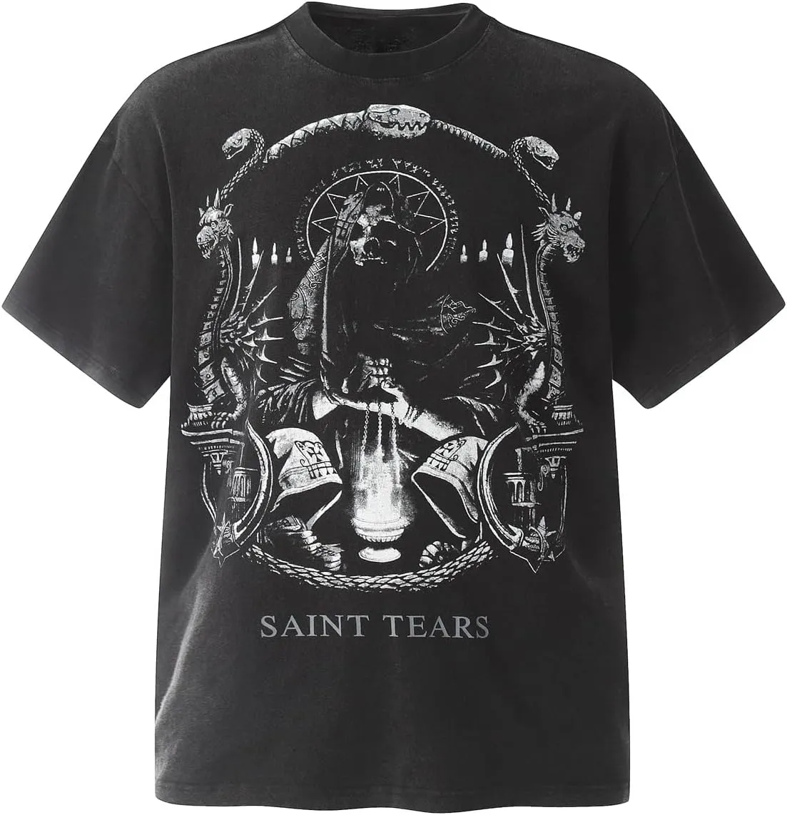 DONCARE Faith Creative Printed Vintage Western Washed Round Neck Pullover Short Sleeve Unisex T-Shirt Black