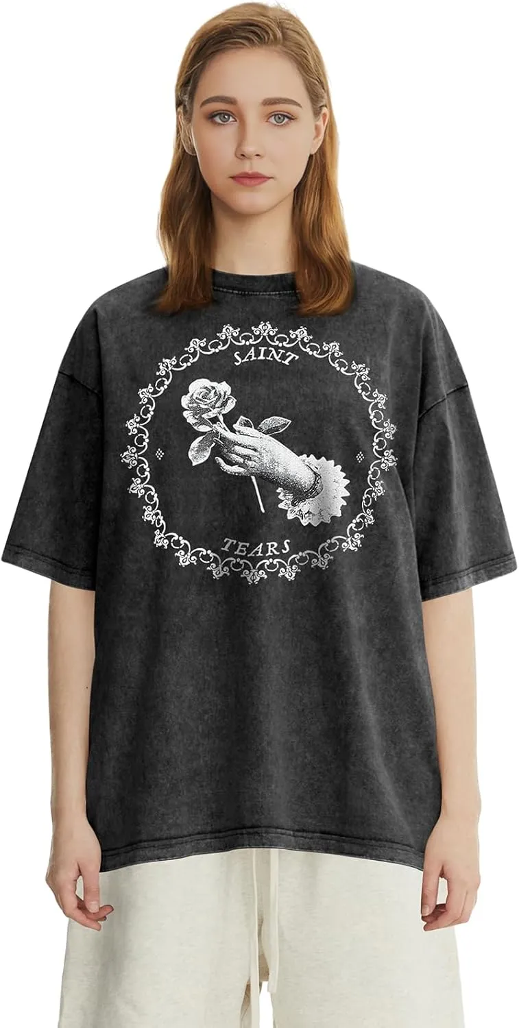 DONCARE Faith Creative Printed Vintage Western Washed Round Neck Pullover Short Sleeve Unisex T-Shirt Black