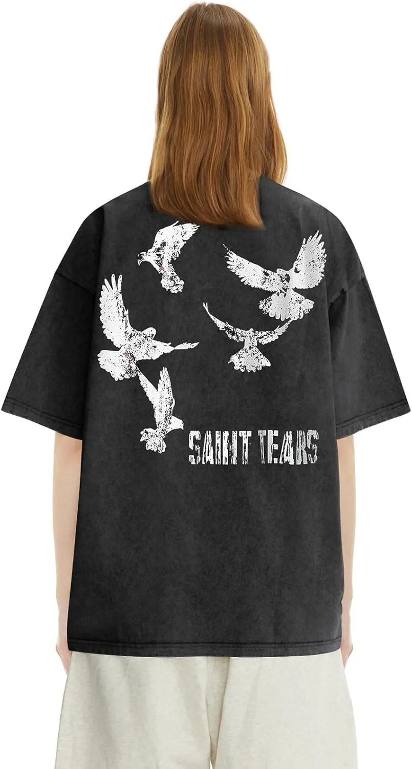 DONCARE Faith Creative Printed Vintage Western Washed Round Neck Pullover Short Sleeve Unisex T-Shirt Black