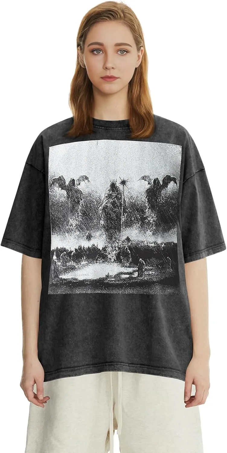 DONCARE Faith Creative Printed Vintage Western Washed Round Neck Pullover Short Sleeve Unisex T-Shirt Black