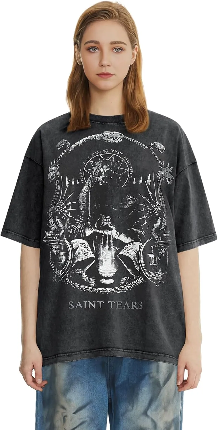 DONCARE Faith Creative Printed Vintage Western Washed Round Neck Pullover Short Sleeve Unisex T-Shirt Black