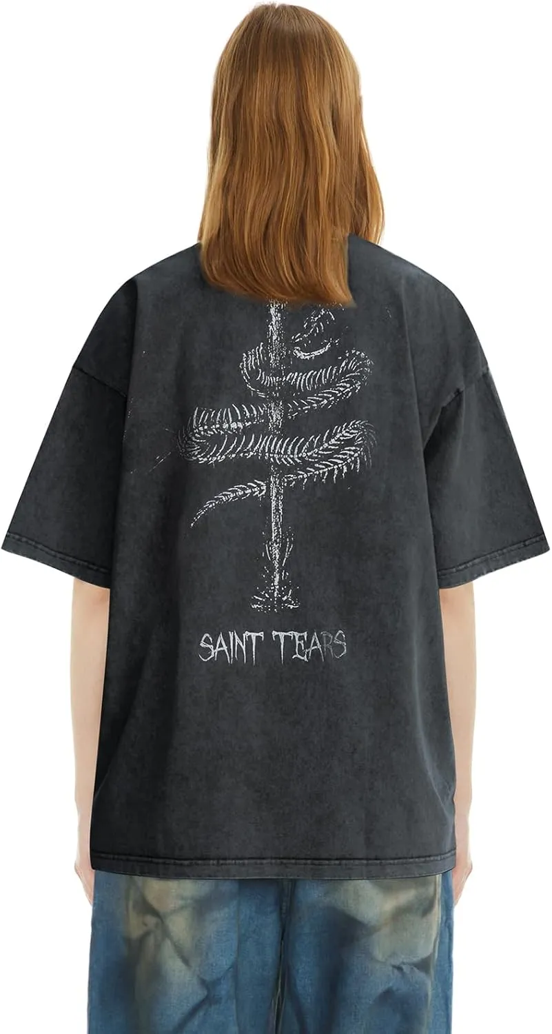 DONCARE Faith Creative Printed Vintage Western Washed Round Neck Pullover Short Sleeve Unisex T-Shirt Black