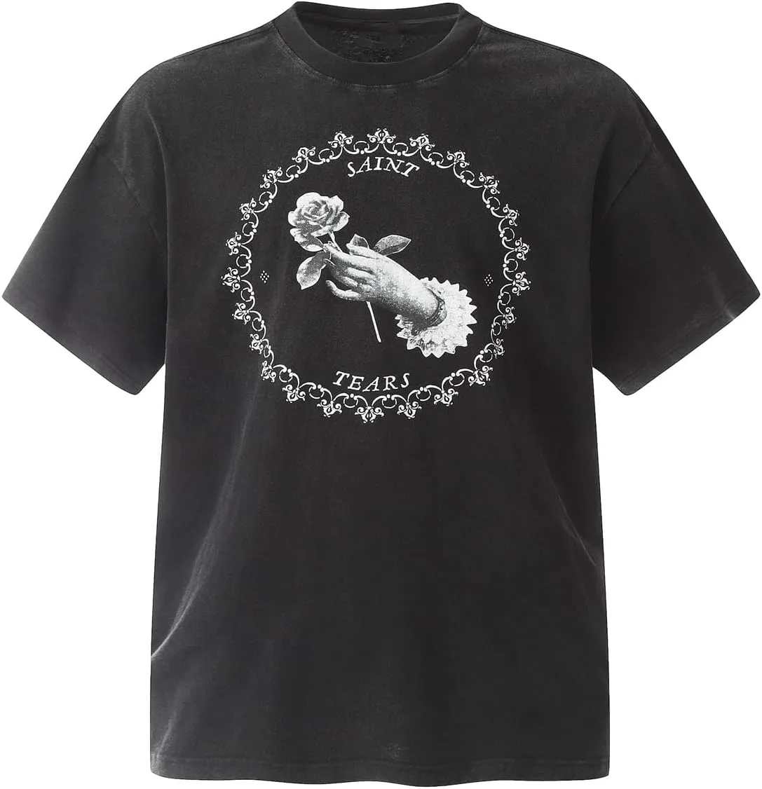 DONCARE Faith Creative Printed Vintage Western Washed Round Neck Pullover Short Sleeve Unisex T-Shirt Black