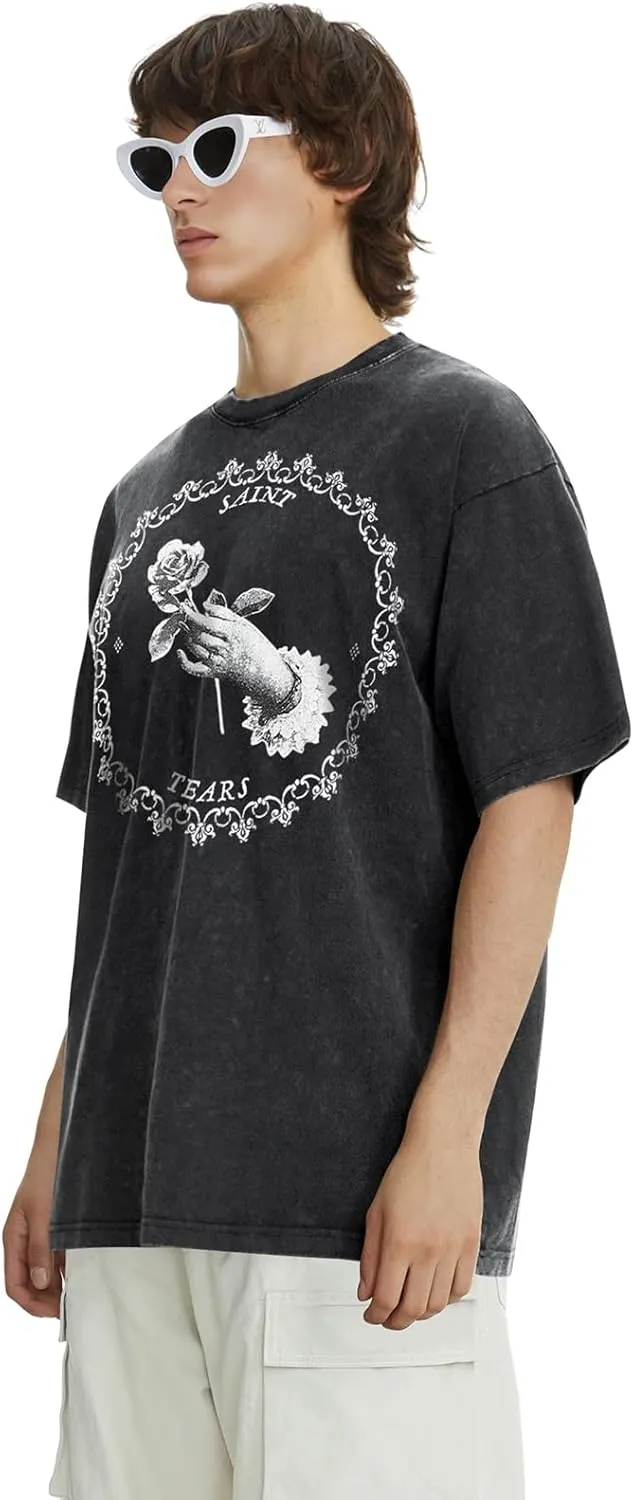 DONCARE Faith Creative Printed Vintage Western Washed Round Neck Pullover Short Sleeve Unisex T-Shirt Black