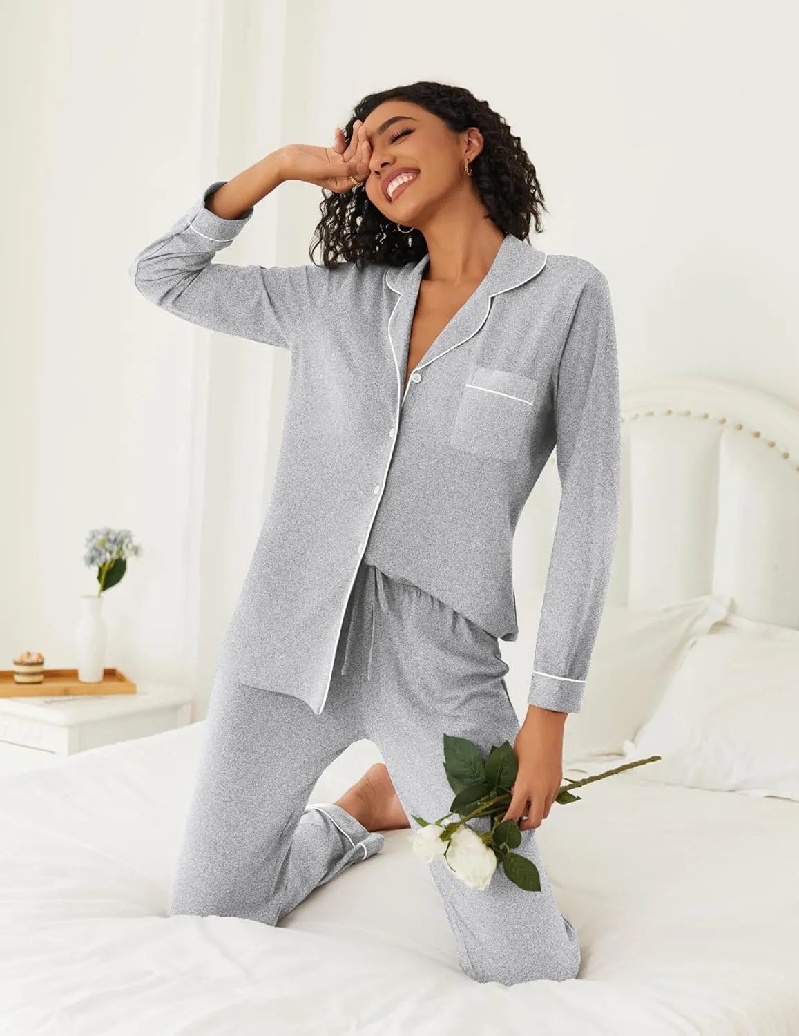 Ekouaer Womens Pajamas Set 2 Piece Button Down Pjs Soft Long Sleeve Top and Pants Sleepwear Set Lounge Sets