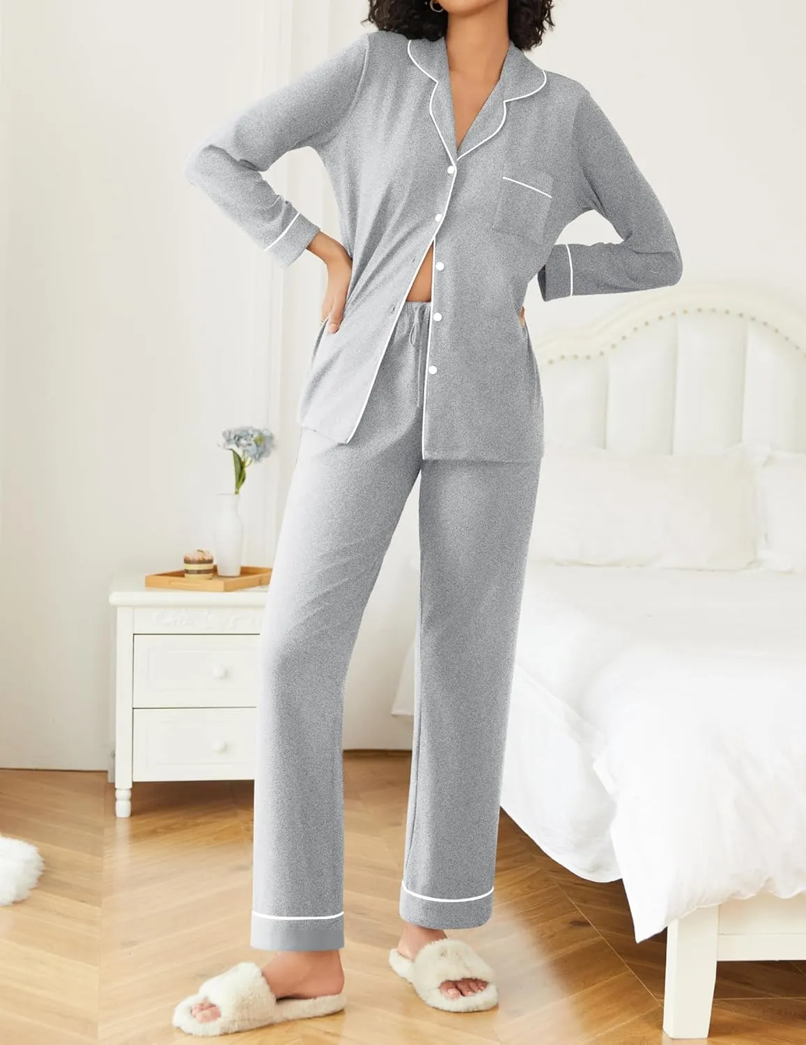 Ekouaer Womens Pajamas Set 2 Piece Button Down Pjs Soft Long Sleeve Top and Pants Sleepwear Set Lounge Sets