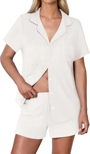 Ekouaer Womens Ribbed Knit Pajama Set Short Sleeve Button Down Pj Set 2 Piece Lounge Set with Pockets Sleepwear S-XXL