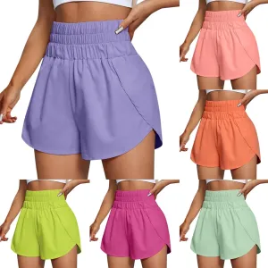 Elastic High Waisted Dolphin Athletic Running Shorts for Women 3" High Split Comfy Liner for Gym Workout