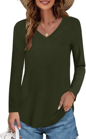 Elesomo Womens T Shirts V Neck Summer Short/Long Sleeve Cotton Tops Tees