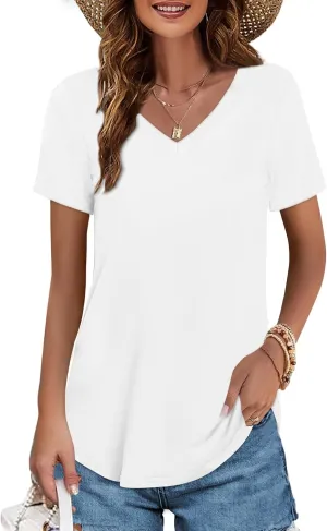 Elesomo Womens T Shirts V Neck Summer Short/Long Sleeve Cotton Tops Tees