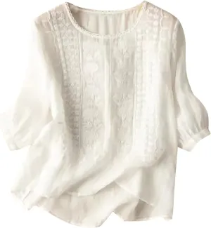 Embroidered Tees Cotton Linen Tops Women 2024 Fashion Crew Neck Boho Tshirts Loose Casual Tunics Summer Shirts