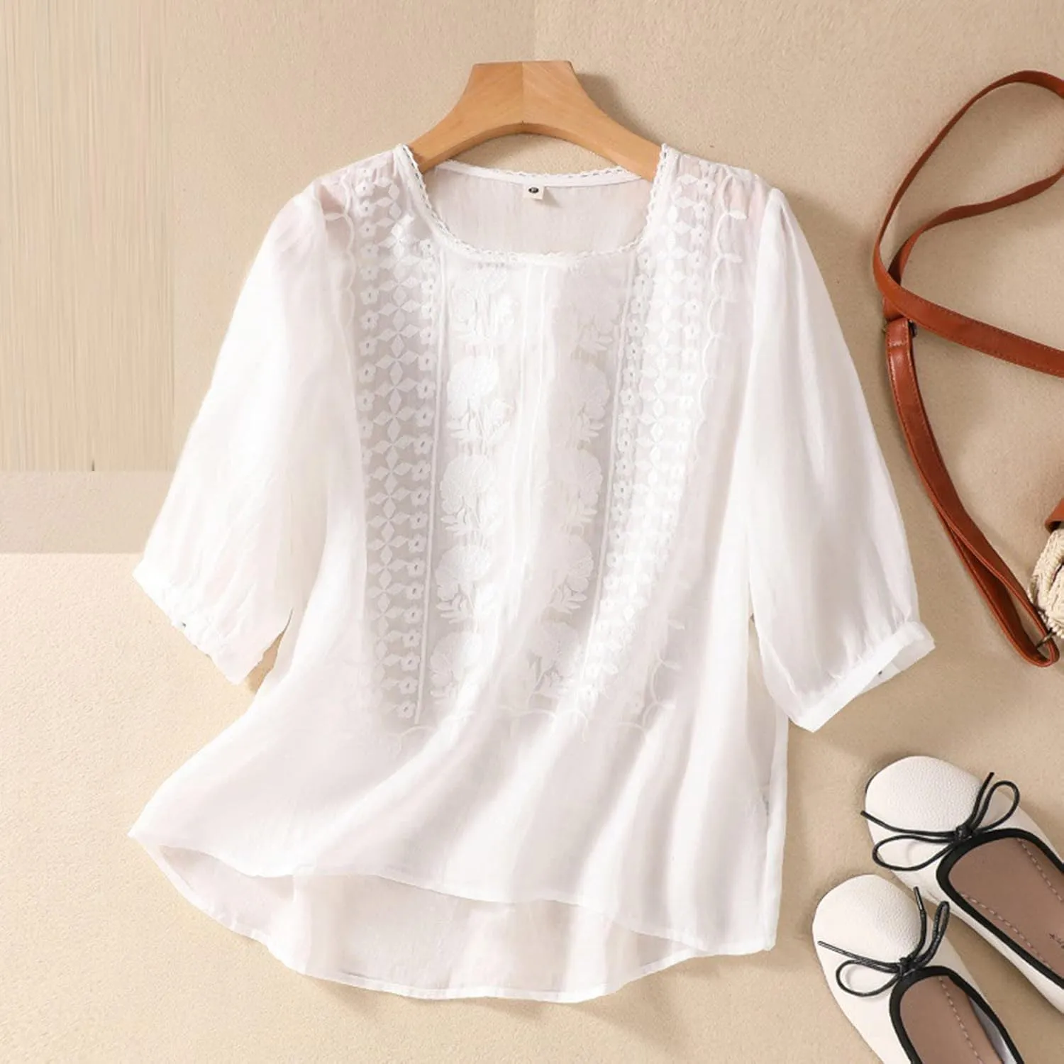 Embroidered Tees Cotton Linen Tops Women 2024 Fashion Crew Neck Boho Tshirts Loose Casual Tunics Summer Shirts