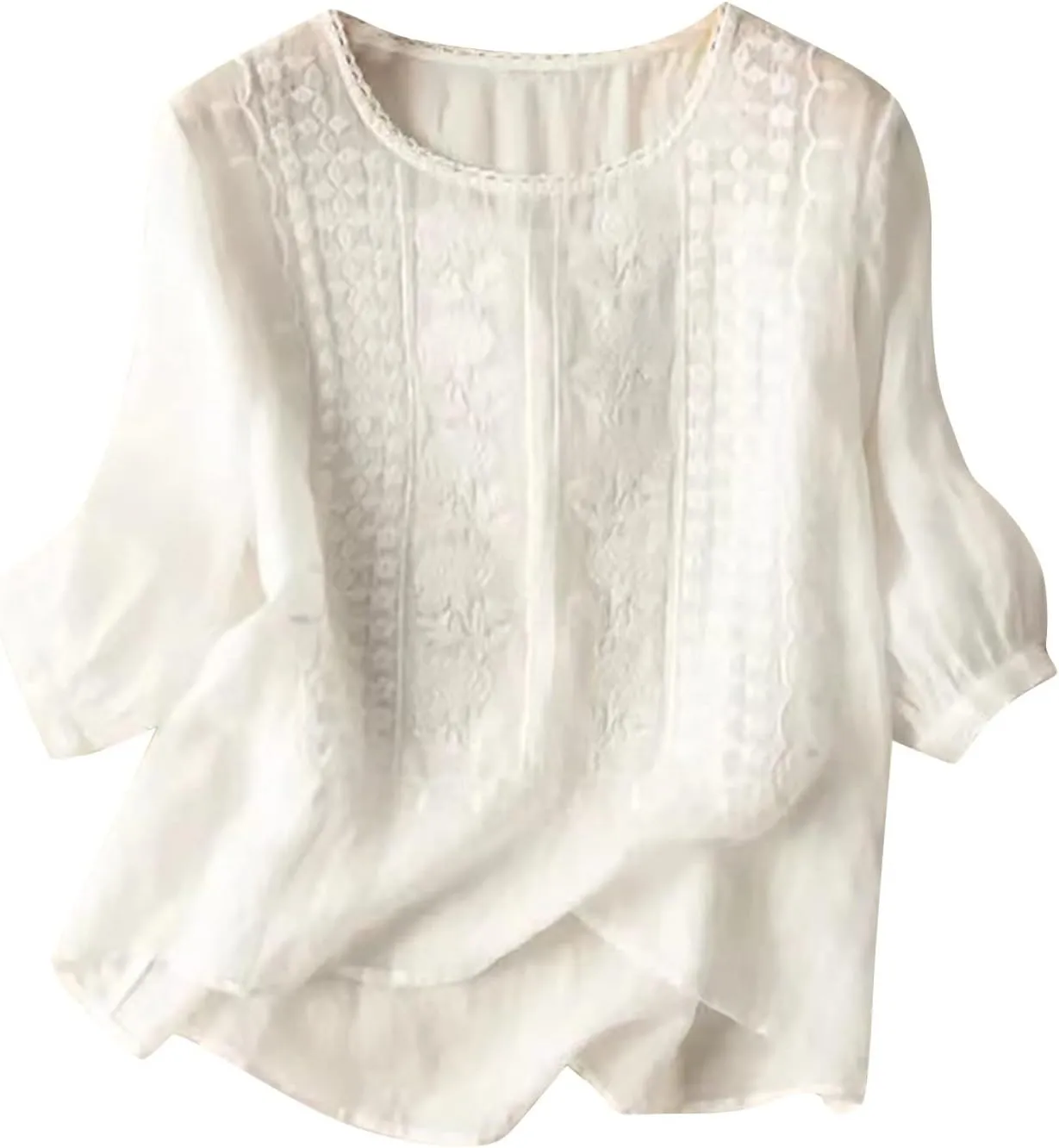 Embroidered Tees Cotton Linen Tops Women 2024 Fashion Crew Neck Boho Tshirts Loose Casual Tunics Summer Shirts