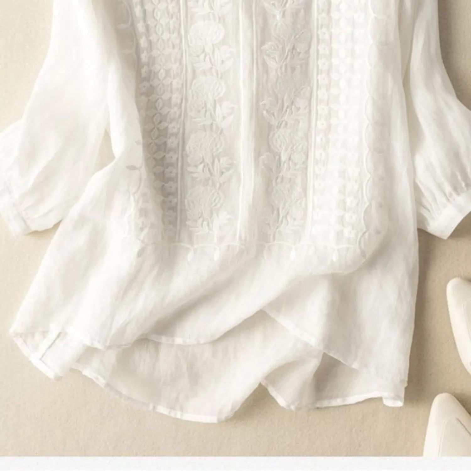 Embroidered Tees Cotton Linen Tops Women 2024 Fashion Crew Neck Boho Tshirts Loose Casual Tunics Summer Shirts