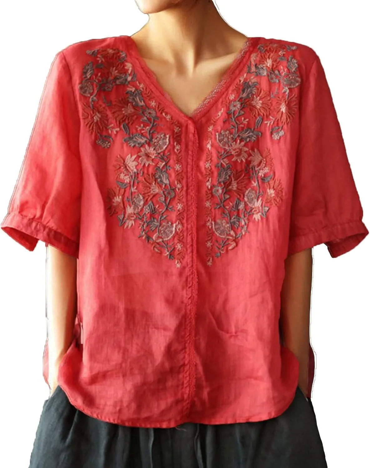 Embroidered Tops for Women Summer Cotton Linen Top Loose Flowy V Neck Blouses Boho Short Sleeve Shirts