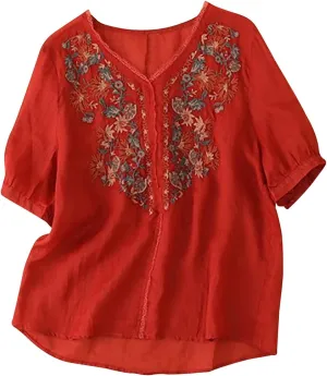 Embroidered Tops for Women Summer Cotton Linen Top Loose Flowy V Neck Blouses Boho Short Sleeve Shirts