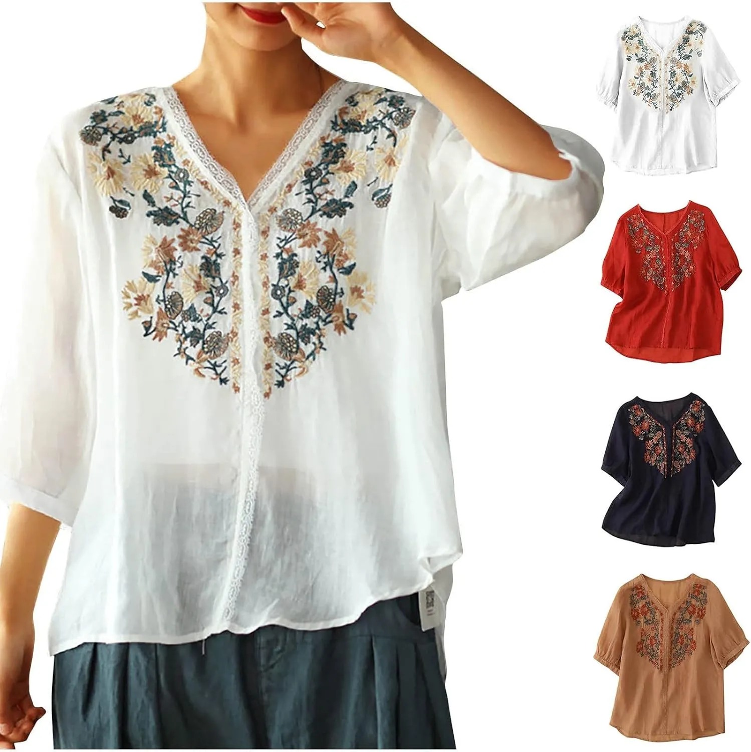Embroidered Tops for Women Summer Cotton Linen Top Loose Flowy V Neck Blouses Boho Short Sleeve Shirts