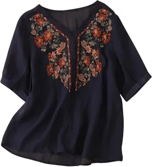 Embroidered Tops for Women Summer Cotton Linen Top Loose Flowy V Neck Blouses Boho Short Sleeve Shirts