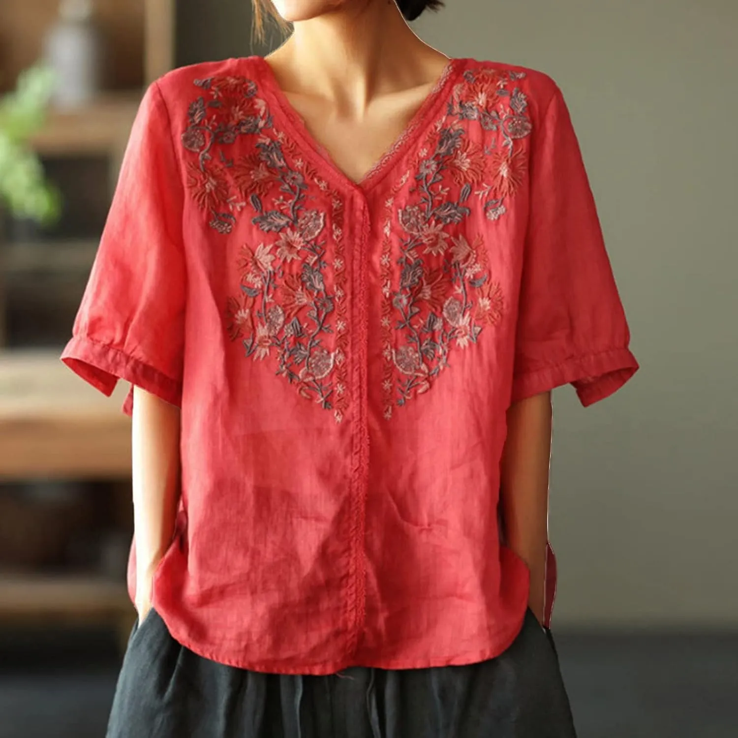 Embroidered Tops for Women Summer Cotton Linen Top Loose Flowy V Neck Blouses Boho Short Sleeve Shirts