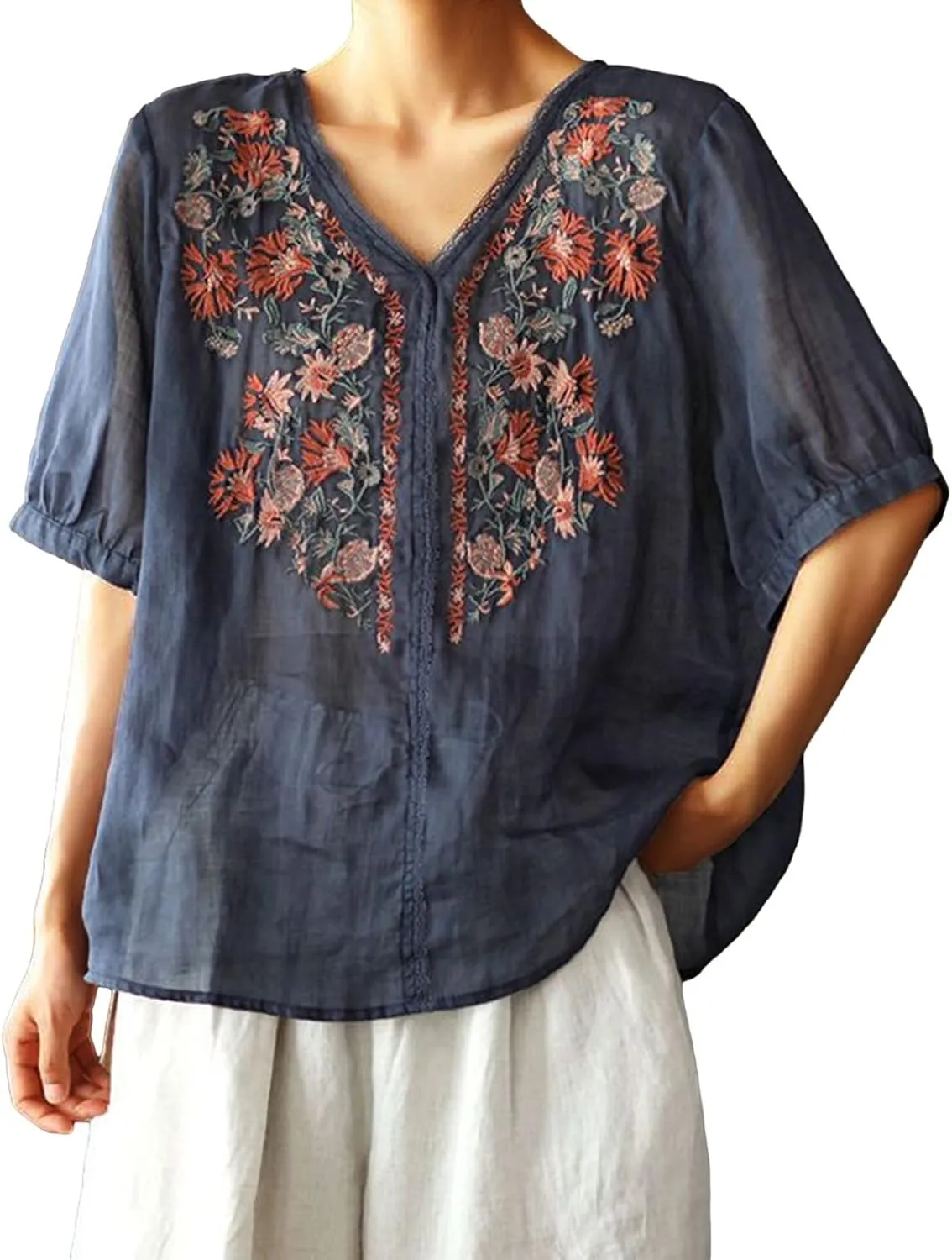 Embroidered Tops for Women Summer Cotton Linen Top Loose Flowy V Neck Blouses Boho Short Sleeve Shirts