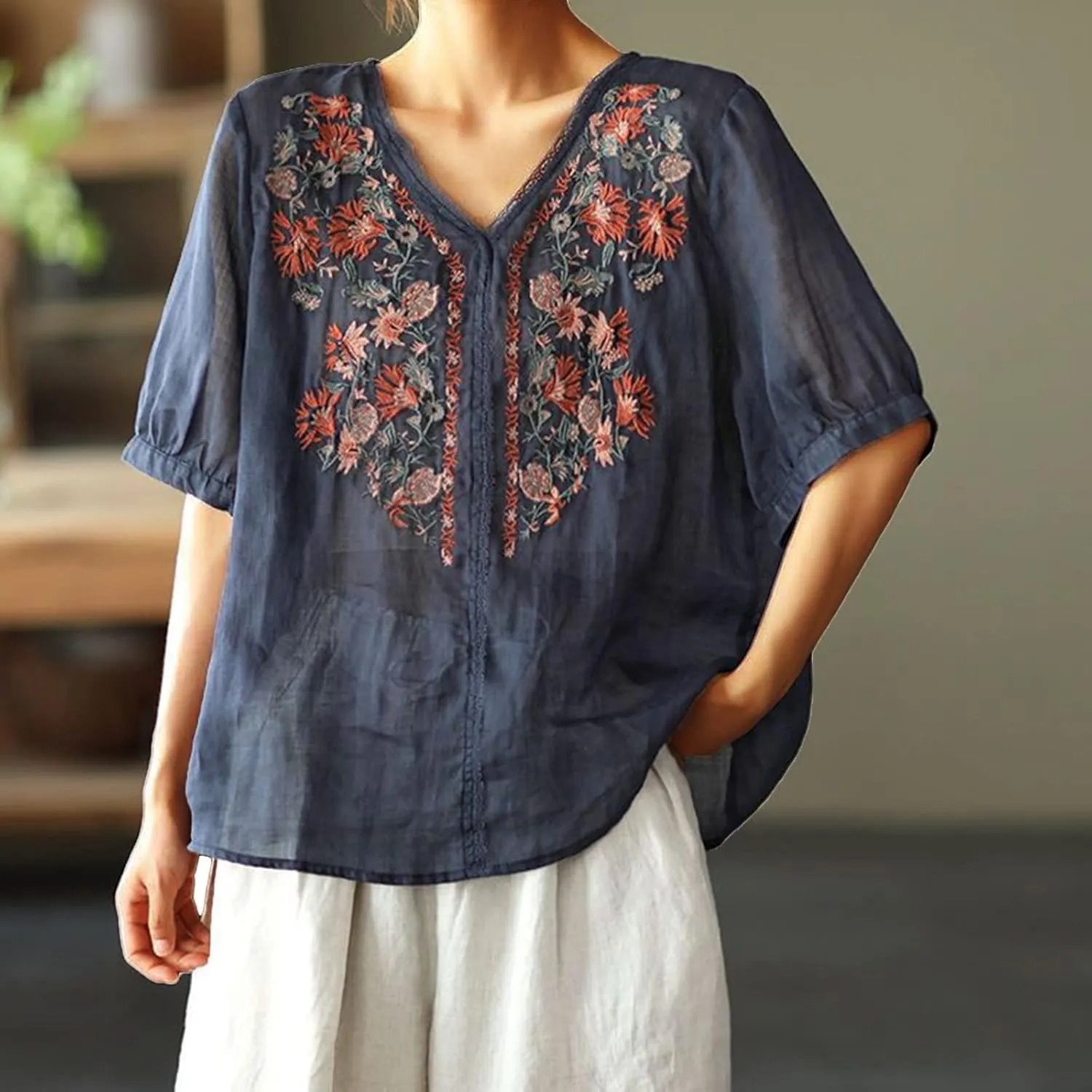 Embroidered Tops for Women Summer Cotton Linen Top Loose Flowy V Neck Blouses Boho Short Sleeve Shirts