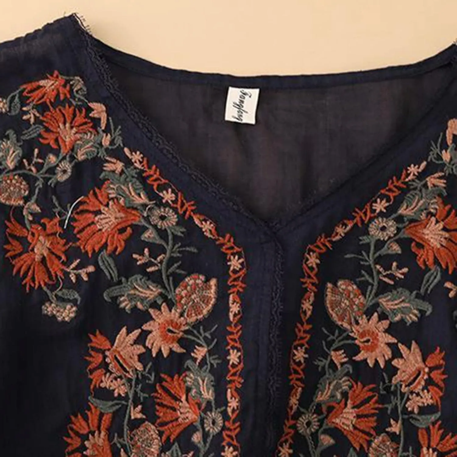 Embroidered Tops for Women Summer Cotton Linen Top Loose Flowy V Neck Blouses Boho Short Sleeve Shirts