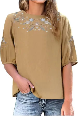Embroidered Tops for Women Summer Vintage Cotton Linen T Shirt 2025 Summer Crew Neck Casual Loose Short Sleeve Blouse