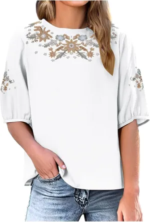 Embroidered Tops for Women Summer Vintage Cotton Linen T Shirt 2025 Summer Crew Neck Casual Loose Short Sleeve Blouse