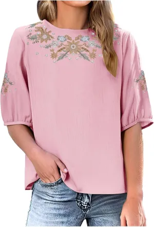 Embroidered Tops for Women Summer Vintage Cotton Linen T Shirt 2025 Summer Crew Neck Casual Loose Short Sleeve Blouse