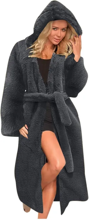 Faux Fur Coats for Women Fuzzy Fleece Lined Open Front Hooded Jacket Long Sleeve Warm Winter Parka Coat Sleepwear with Belt
