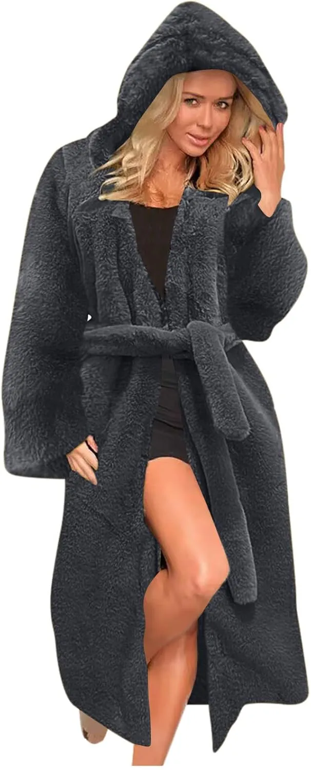 Faux Fur Coats for Women Fuzzy Fleece Lined Open Front Hooded Jacket Long Sleeve Warm Winter Parka Coat Sleepwear with Belt