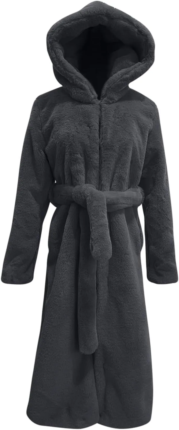 Faux Fur Coats for Women Fuzzy Fleece Lined Open Front Hooded Jacket Long Sleeve Warm Winter Parka Coat Sleepwear with Belt