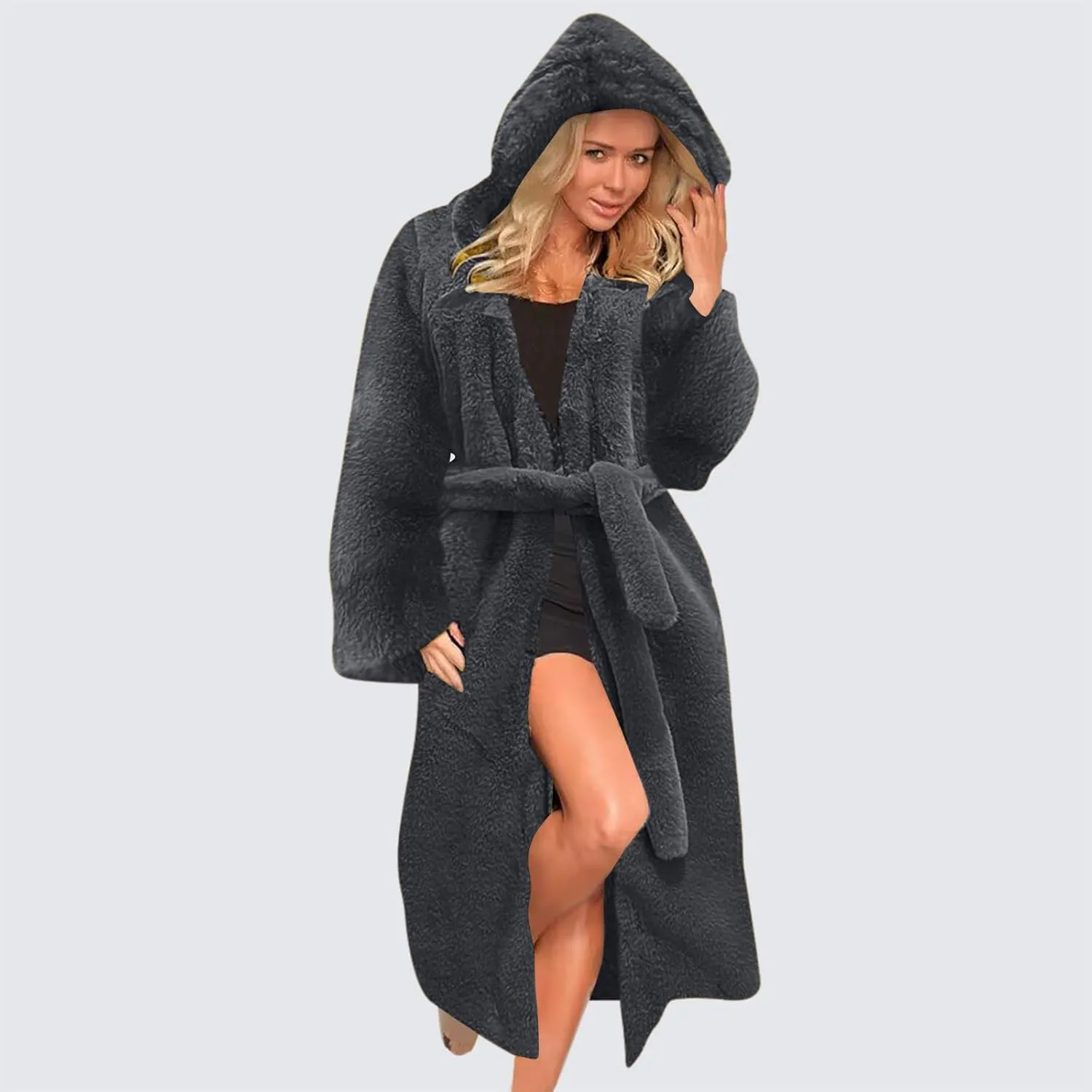 Faux Fur Coats for Women Fuzzy Fleece Lined Open Front Hooded Jacket Long Sleeve Warm Winter Parka Coat Sleepwear with Belt