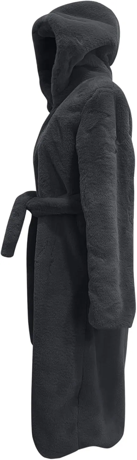 Faux Fur Coats for Women Fuzzy Fleece Lined Open Front Hooded Jacket Long Sleeve Warm Winter Parka Coat Sleepwear with Belt