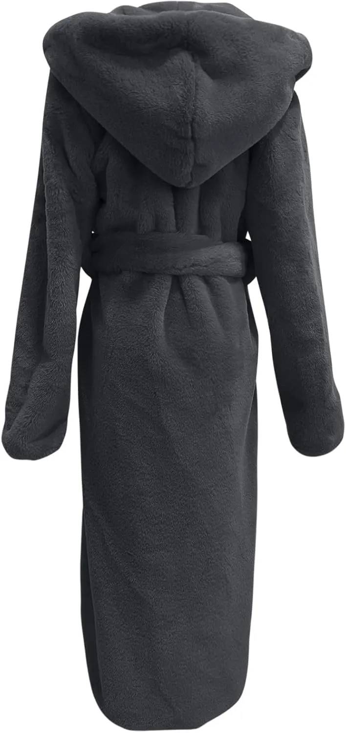 Faux Fur Coats for Women Fuzzy Fleece Lined Open Front Hooded Jacket Long Sleeve Warm Winter Parka Coat Sleepwear with Belt