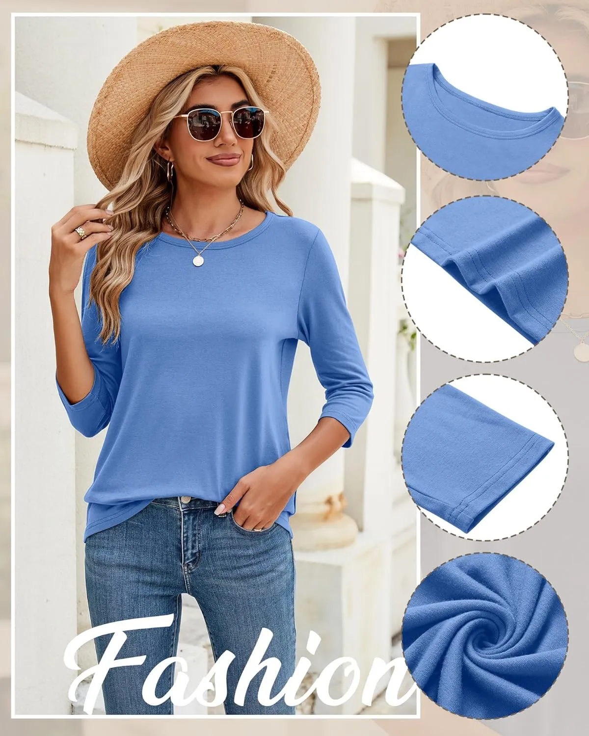 Ficerd 3 Pack 3/4 Sleeve Tops for Women Round Neck Dressy Basics Tees Casual Trendy Loose Fit T Shirts